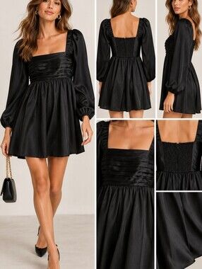 Abercrombie & Fitch The A&F Emerson Bubble Hem Satin Mini Dress Black Size LT NW